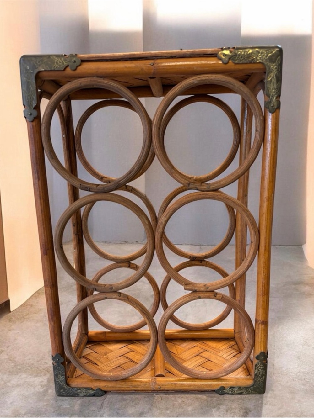 Vintage Rattan Circular Wine Rack in Brown 6 hole with brass corner tabs